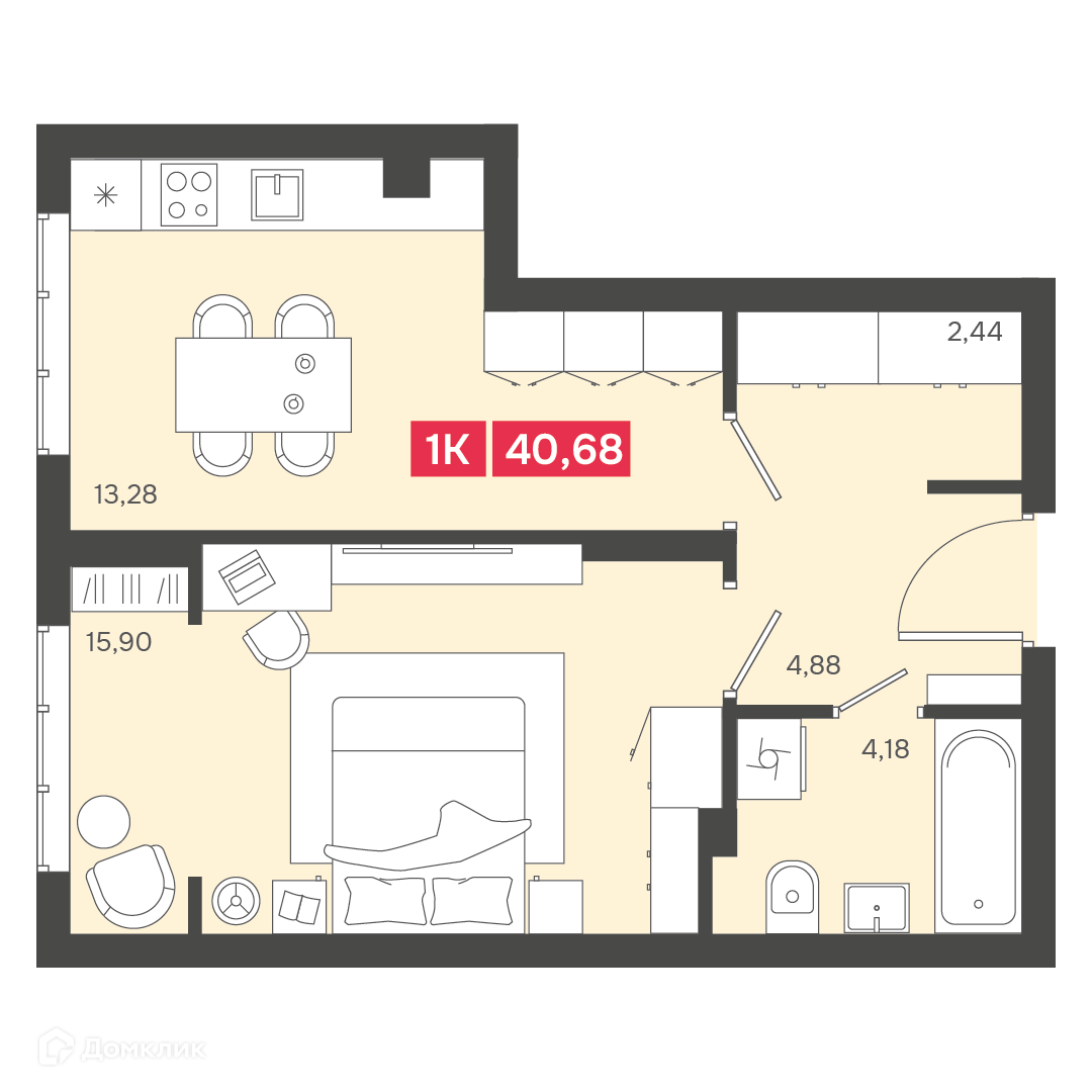 1-комн. квартира, 40.68 м²