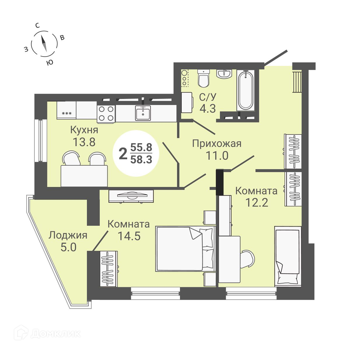 Купить 2-комнатную квартиру, 58.3 м² по адресу Новосибирск, улица Петухова,  170, 15 этаж, метро площадь Карла Маркса за 5 773 000 руб. в Домклик —  поиск, проверка, безопасная сделка с жильем в офисе Сбербанка.