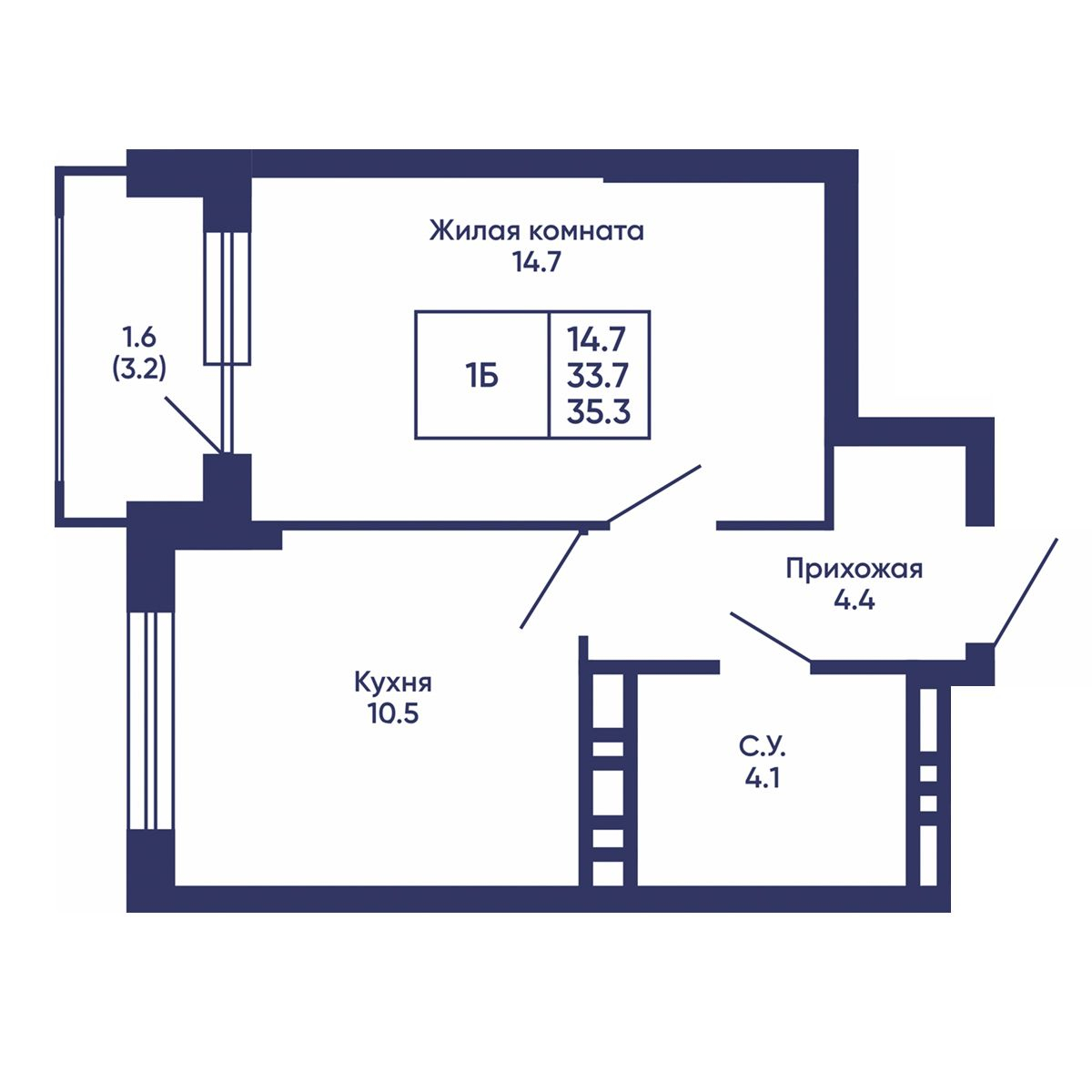 1-комн. квартира, 35.3 м²