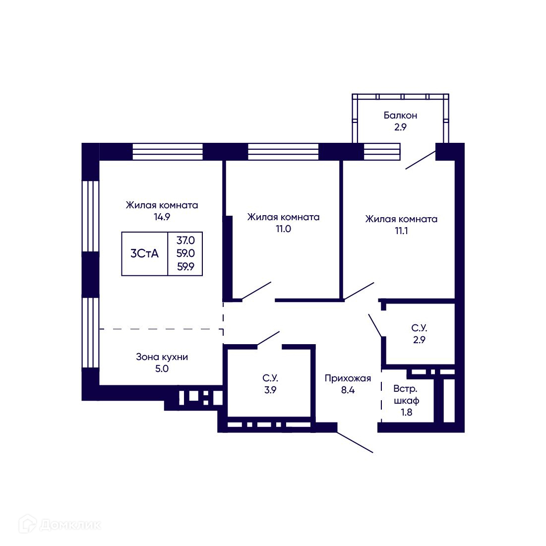 3-комн. квартира, 59.9 м²