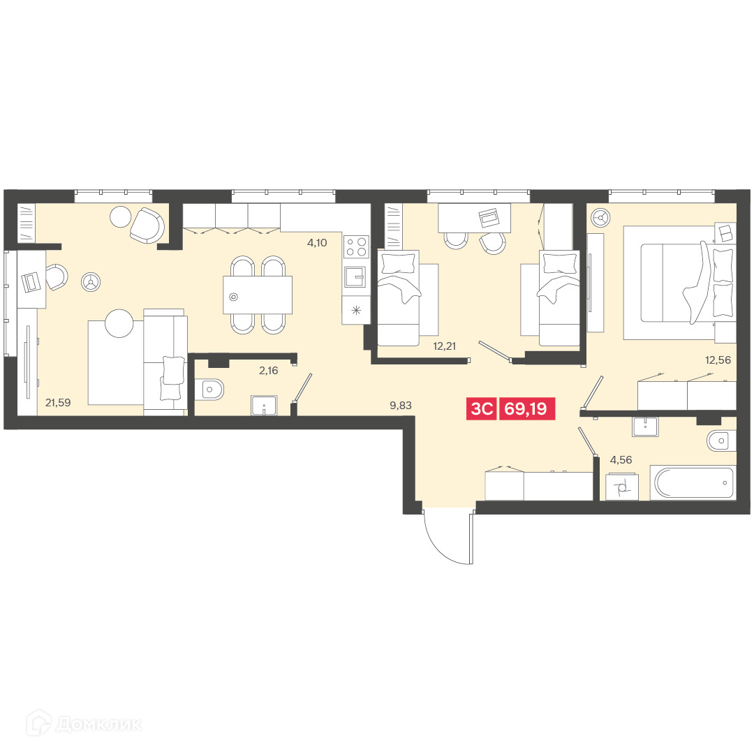 3-комн. квартира, 69.19 м²