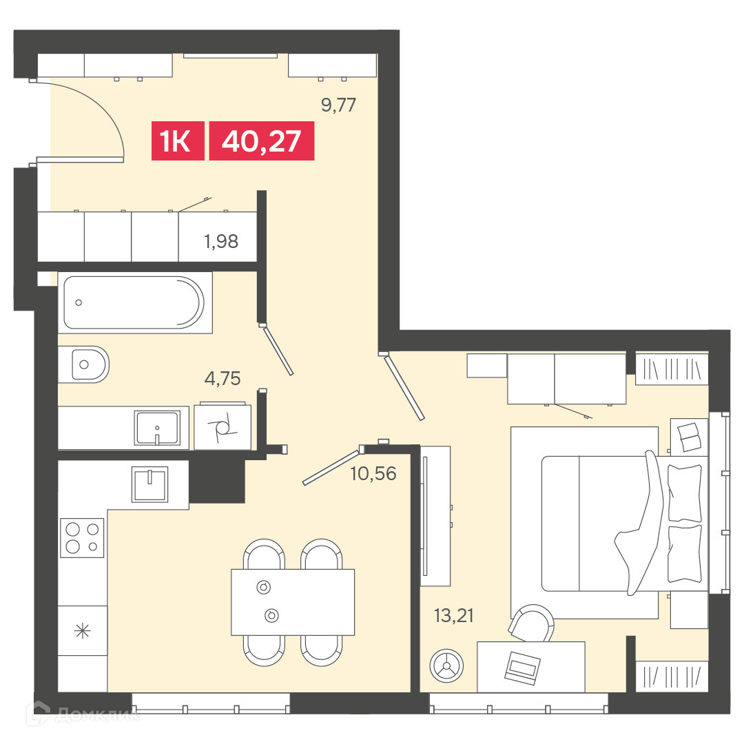 1-комн. квартира, 40.27 м²