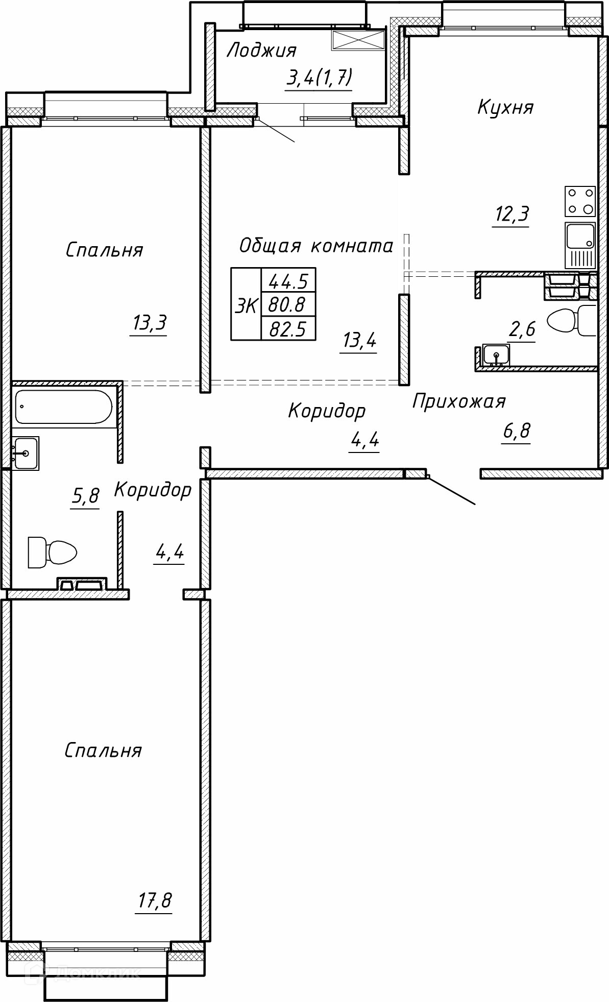 3-комн. квартира, 82.5 м²