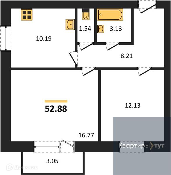 Купить 2-комнатную квартиру, 52.88 м² по адресу Воронежская область ...
