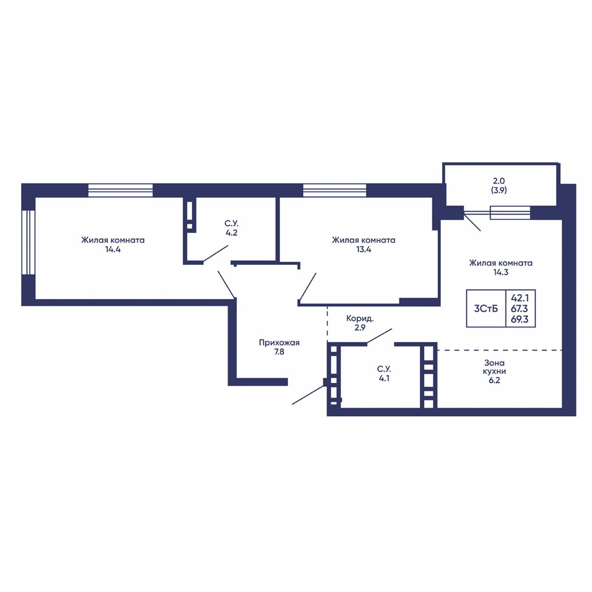 3-комн. квартира, 69.3 м²