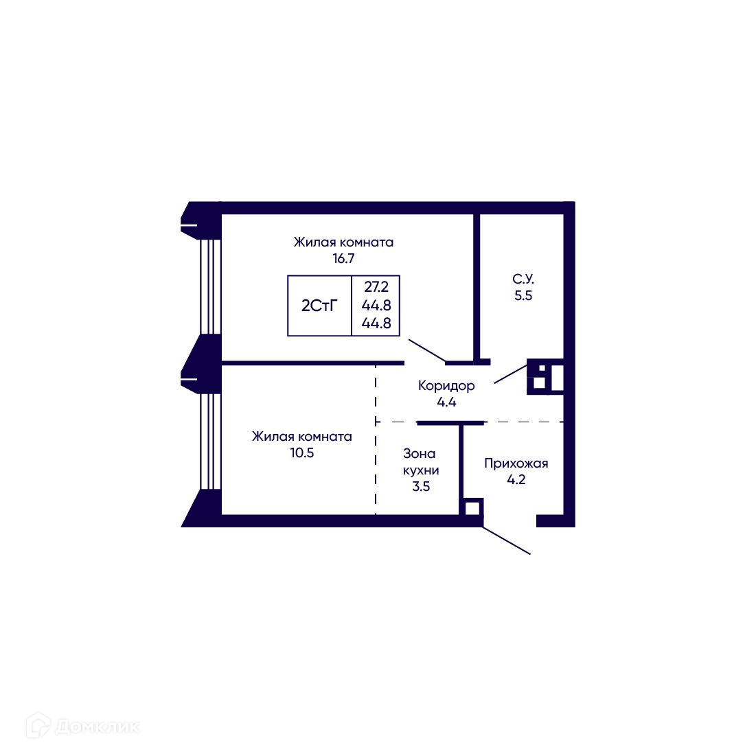 2-комн. квартира, 44.8 м²