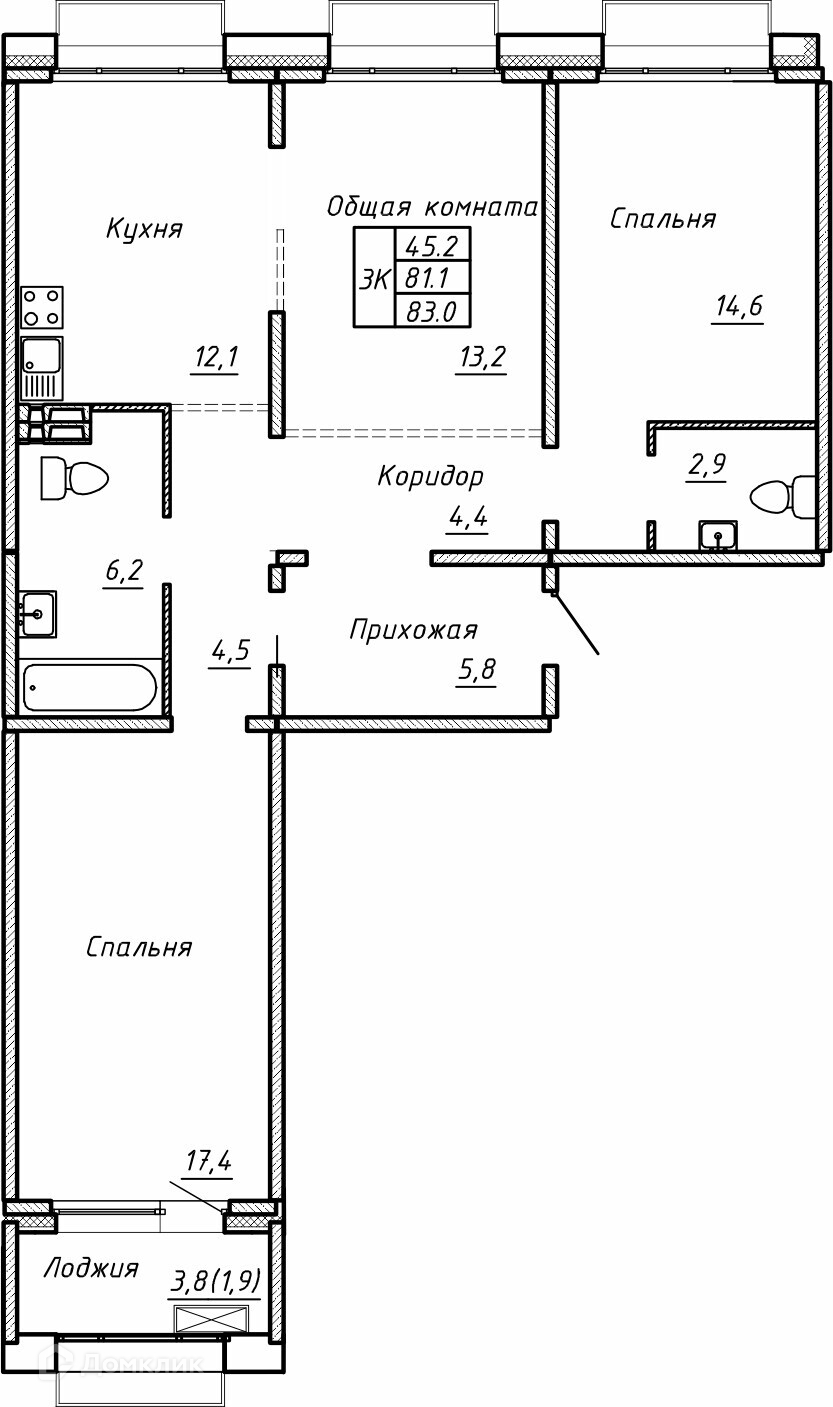 3-комн. квартира, 83 м²
