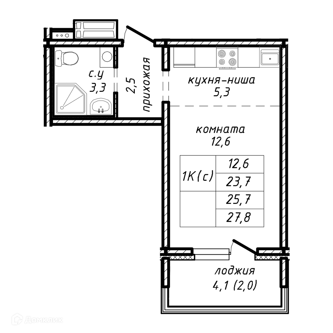 1-комн. квартира, 25.7 м²