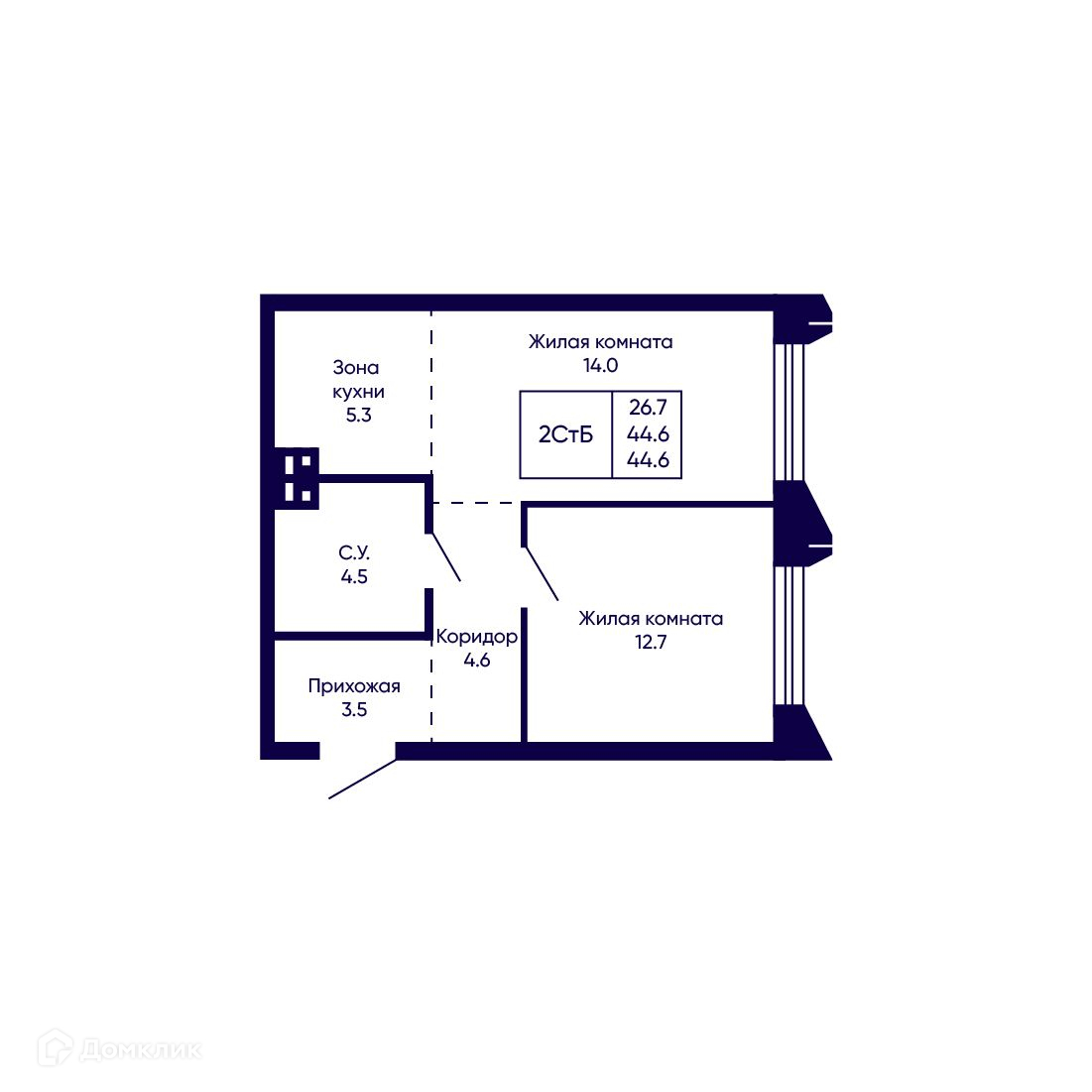 2-комн. квартира, 44.6 м²