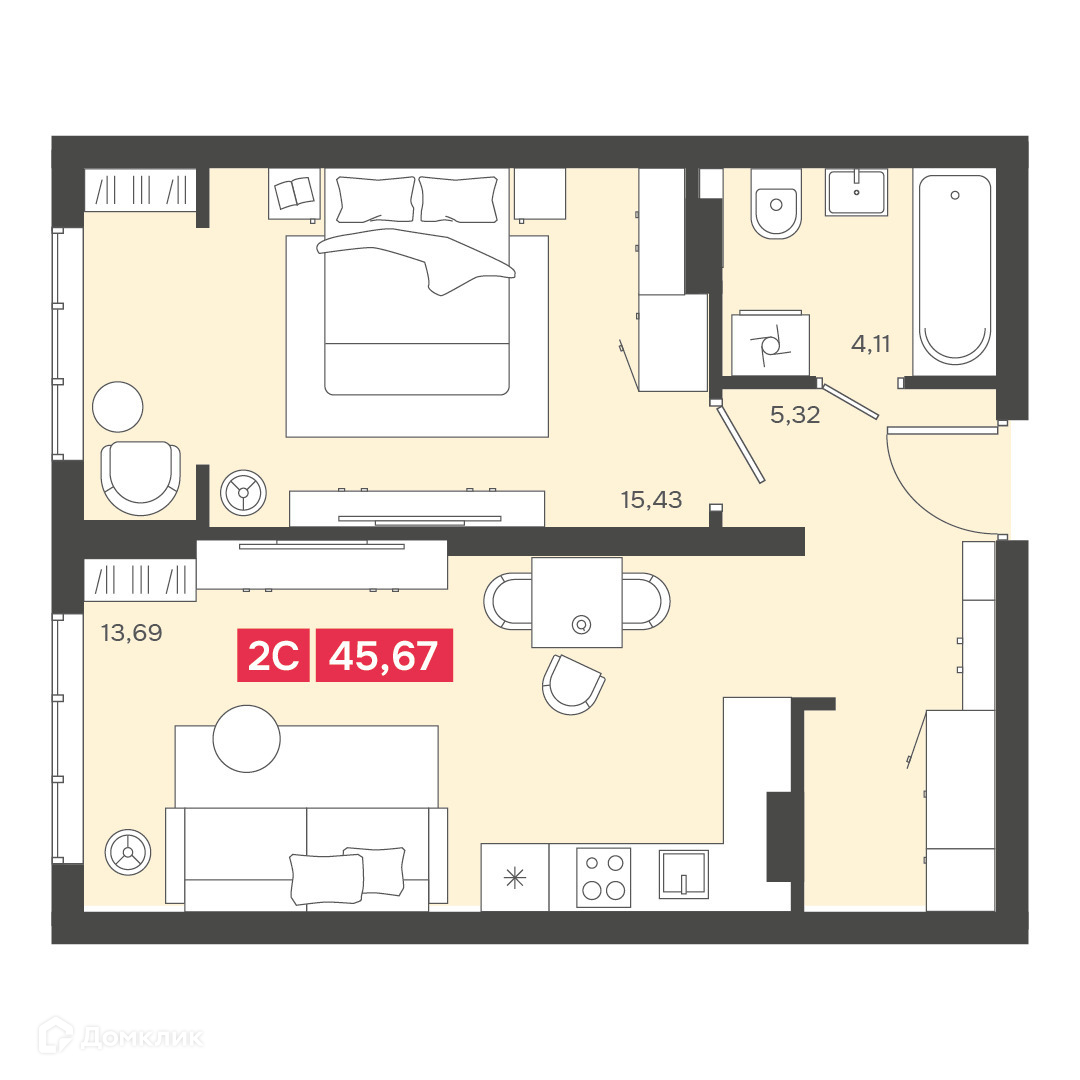2-комн. квартира, 45.67 м²