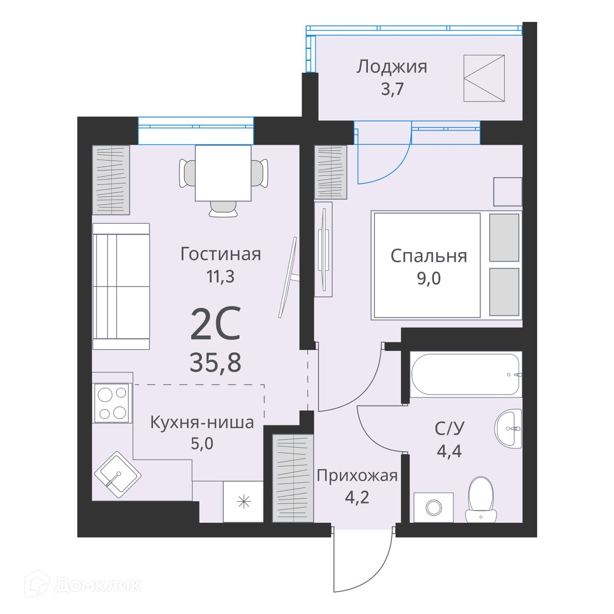 2-комн. квартира, 35.8 м²