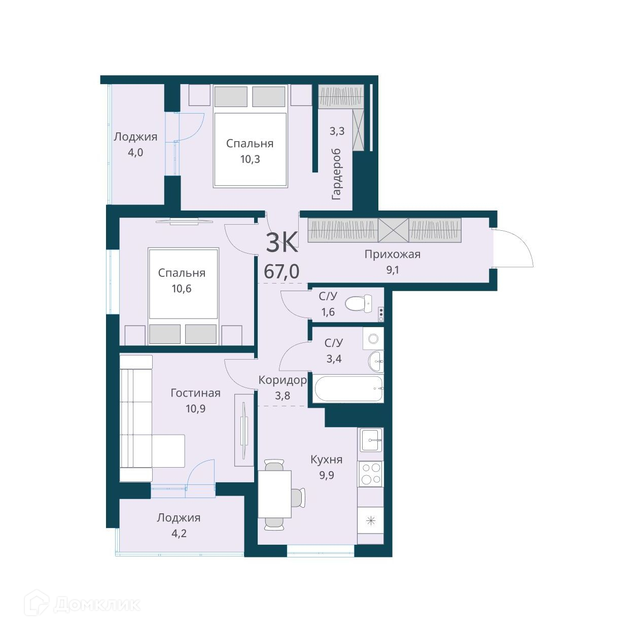 3-комн. квартира, 67 м²