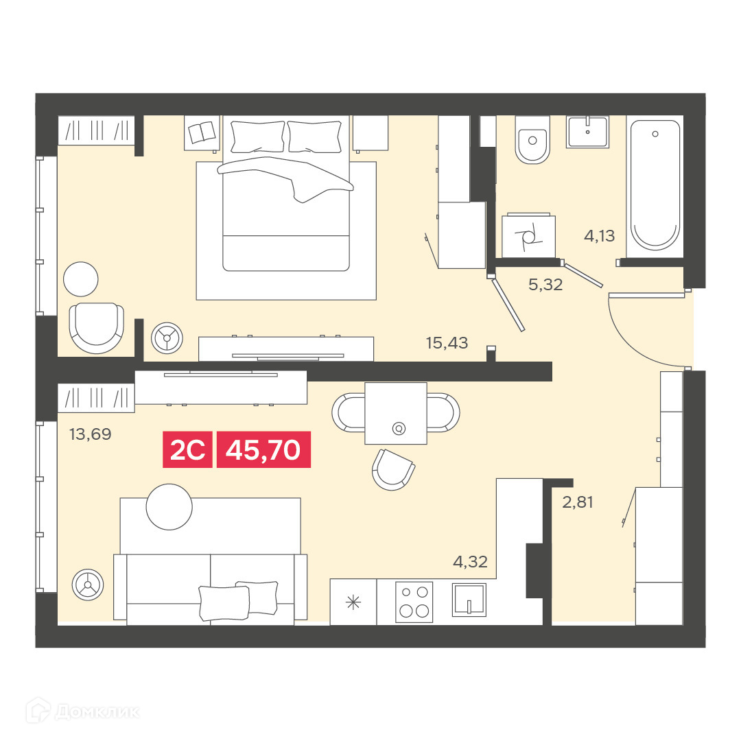 2-комн. квартира, 45.7 м²