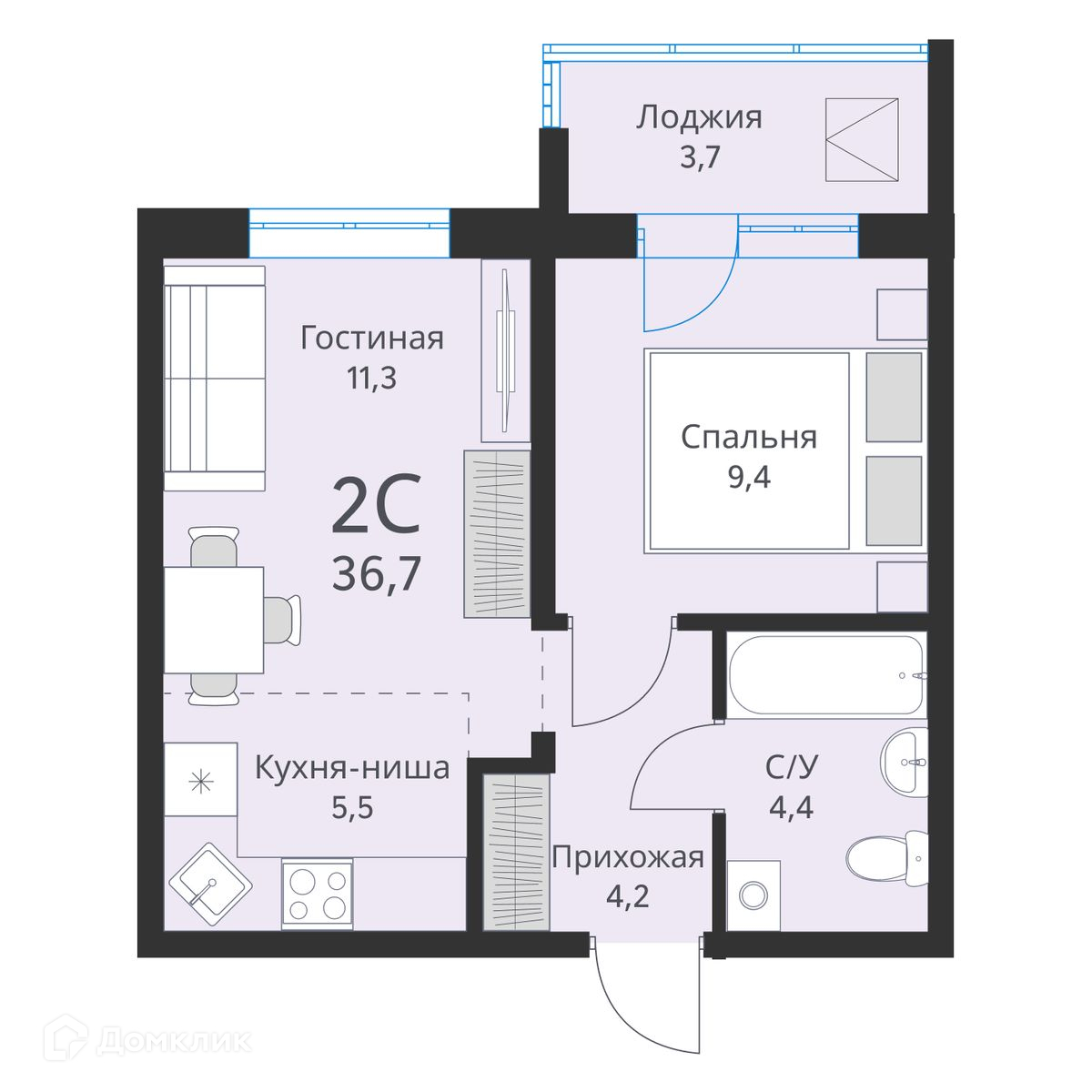 2-комн. квартира, 36.7 м²