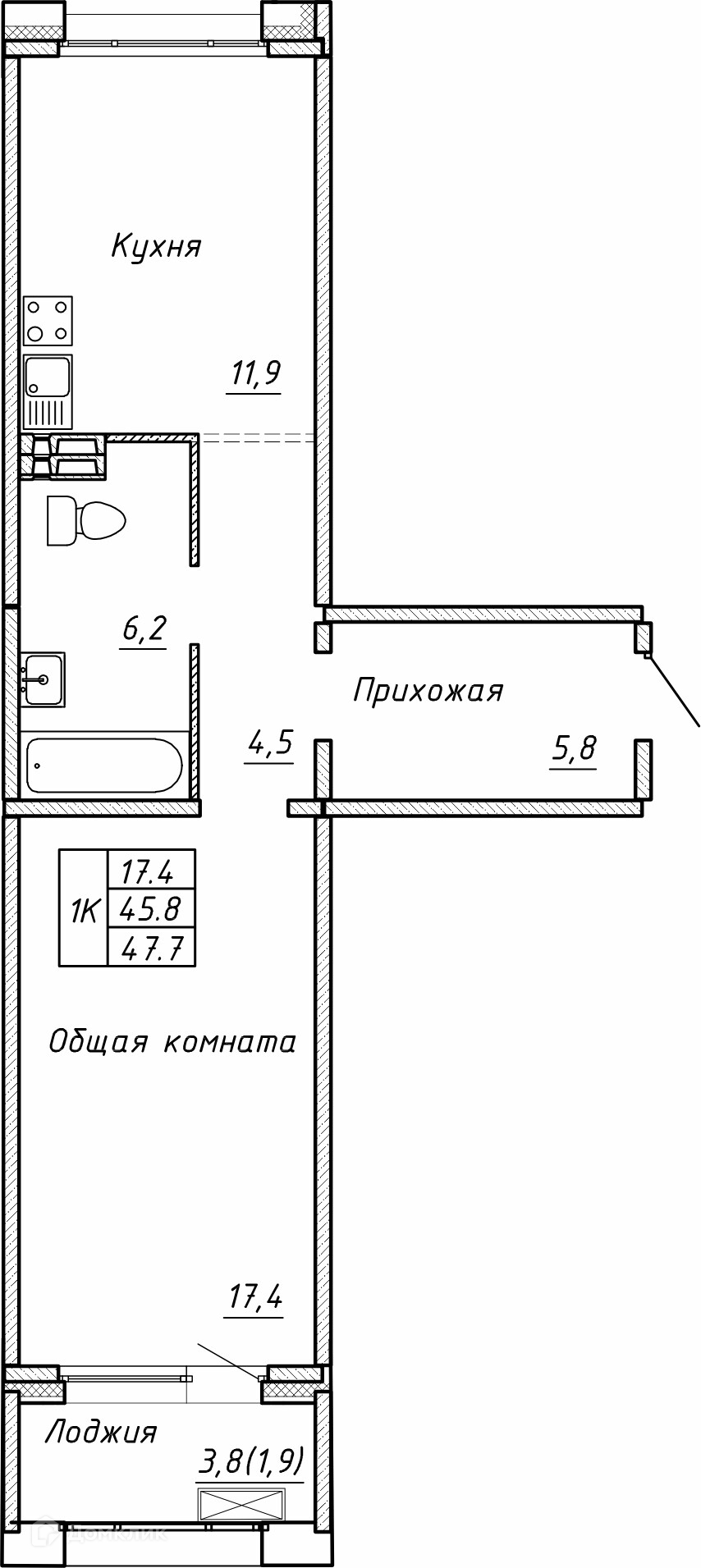 1-комн. квартира, 47.7 м²