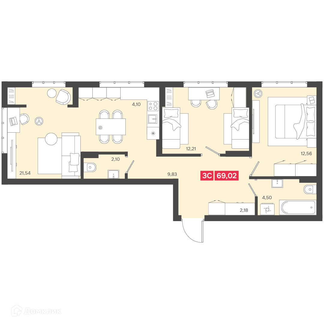 3-комн. квартира, 69.02 м²