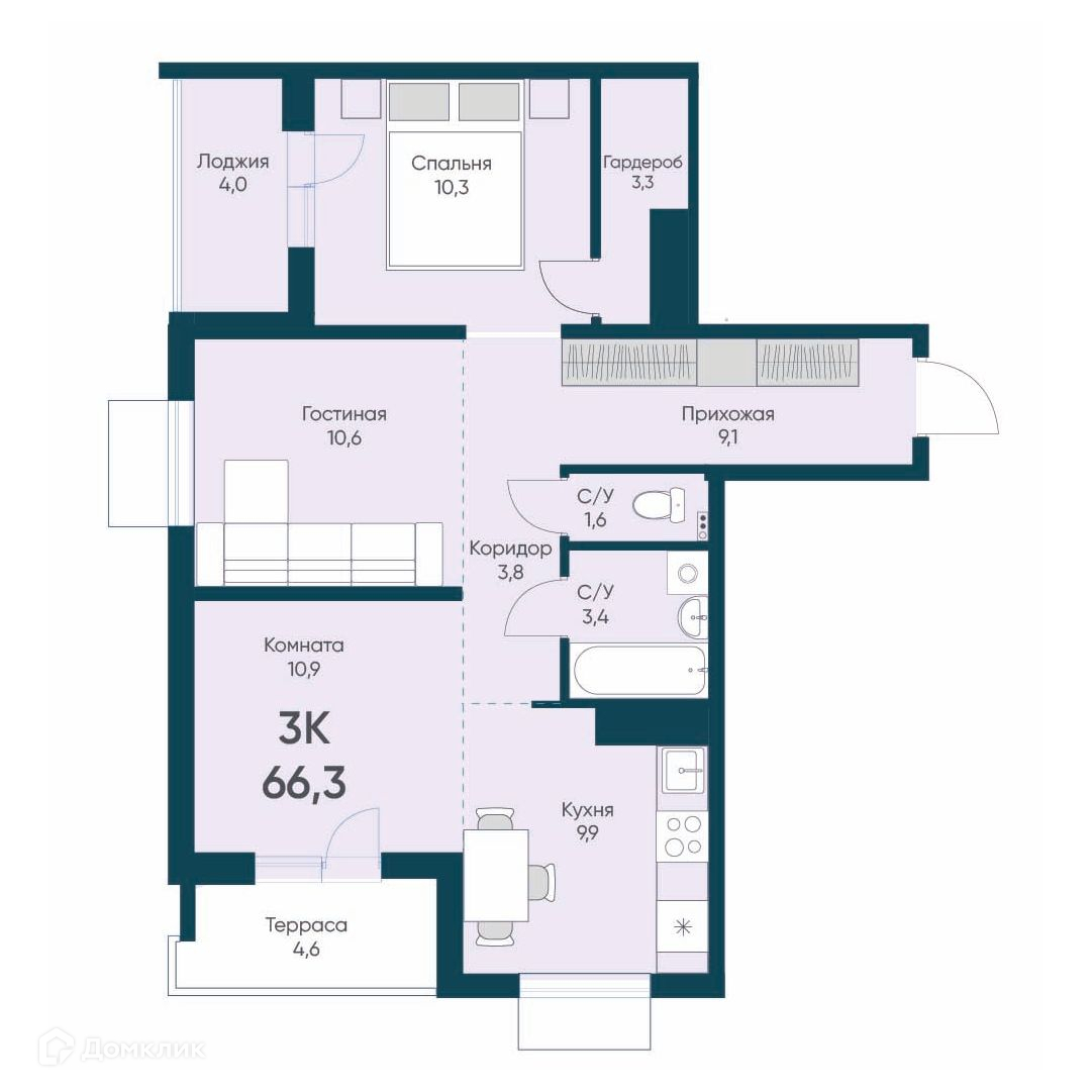 3-комн. квартира, 66.3 м²