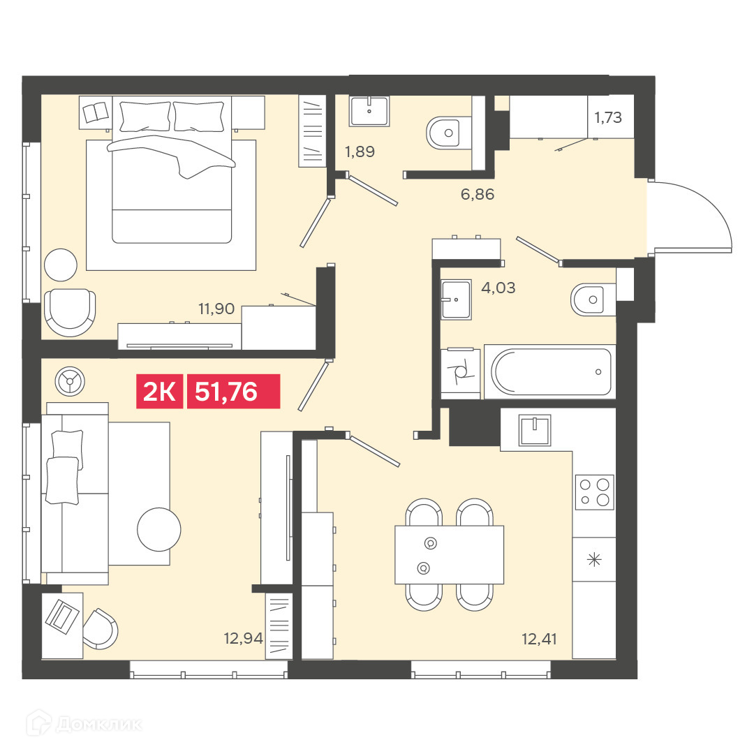 2-комн. квартира, 51.76 м²