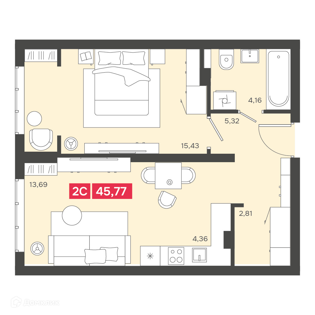 2-комн. квартира, 45.77 м²