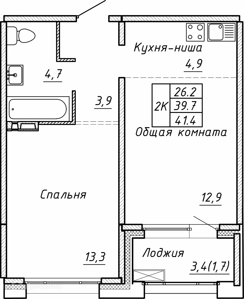 2-комн. квартира, 41.4 м²