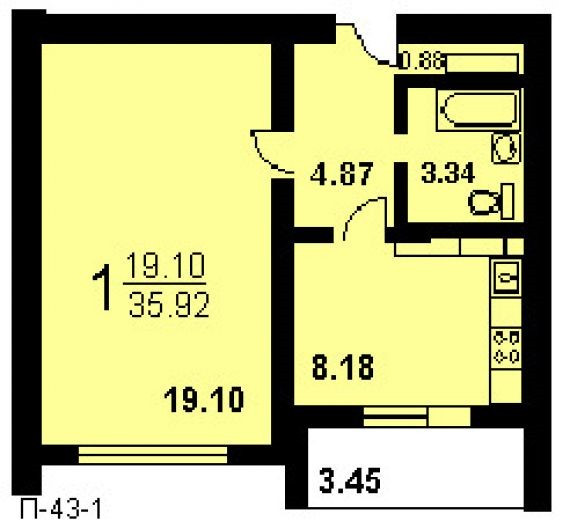 Планировка квартиры п 43 Купить 1-комнатную квартиру, 36 м² по адресу Москва, Тайнинская улица, 4, 4 этаж