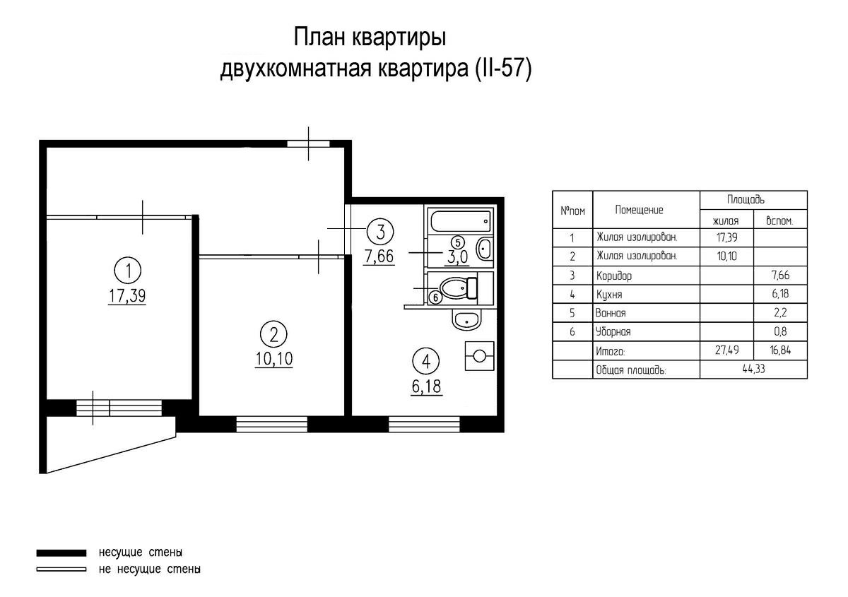 Планировка квартиры ii 57 Купить 2-комнатную квартиру, 44.1 м² по адресу Москва, Кировоградская улица, 28к