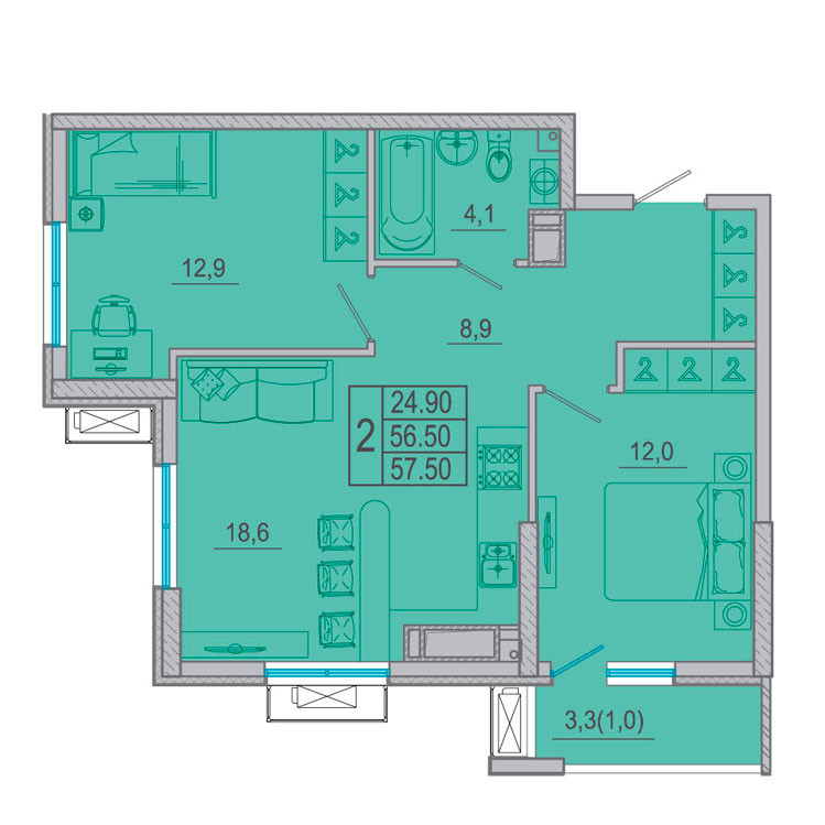 Планировки квартир ростов на дону Купить 3-комнатную квартиру, 57 м² по адресу Ростов-на-Дону, микрорайон Западный