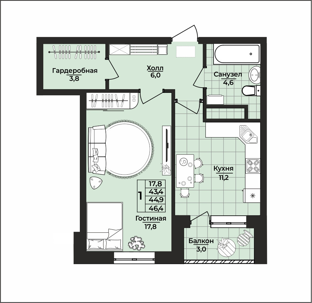 Купить 1-комнатную квартиру, 44.9 м² по адресу Ульяновск, улица Карбышева,  1Б, 3 этаж за 3 636 900 руб. в Домклик — поиск, проверка, безопасная сделка  с жильем в офисе Сбербанка.