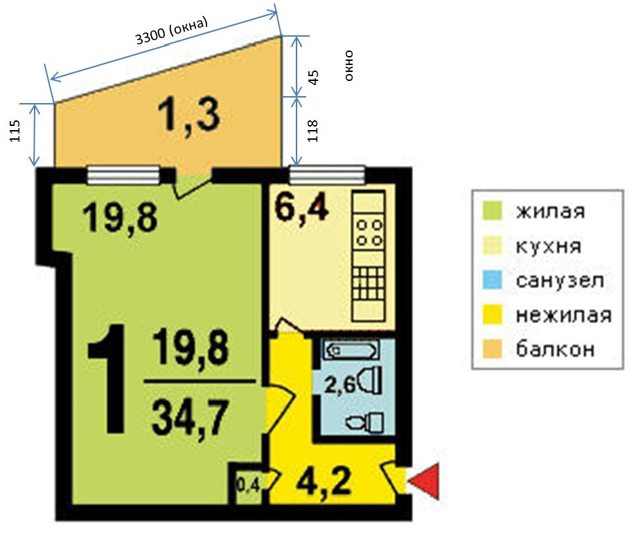 Планировка квартиры 1 515 Купить 1-комнатную квартиру, 34 м² по адресу Москва, улица Академика Миллионщико