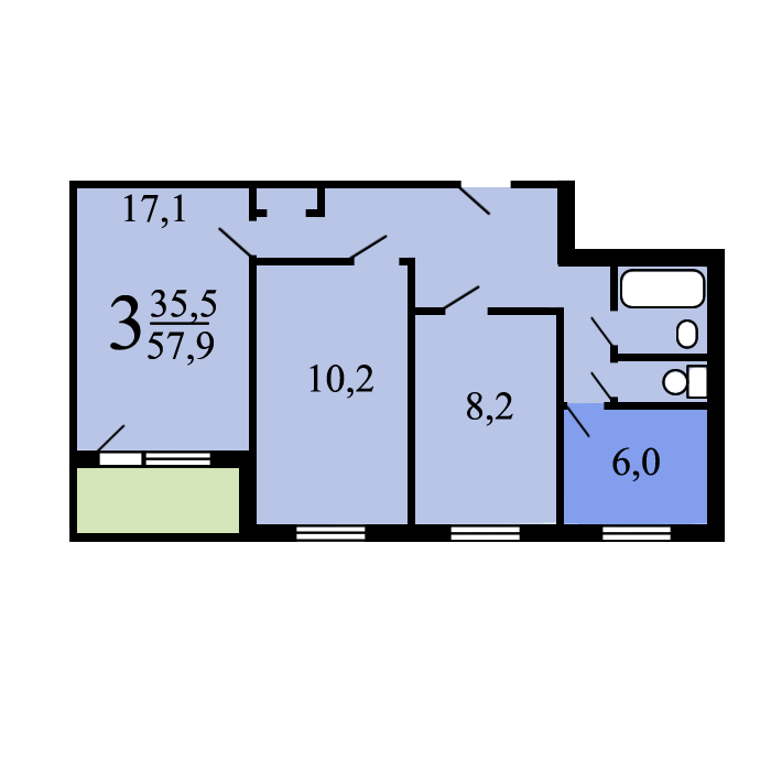 Планировки ii 49 3 комнатных квартир Купить 3-комнатную квартиру, 57.9 м² по адресу Москва, улица Палехская, 17, 9 эт