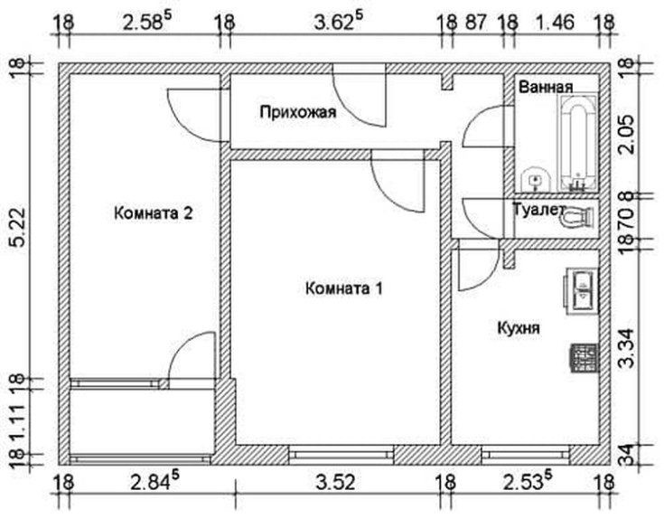 Квартира 2 комнатная чертеж