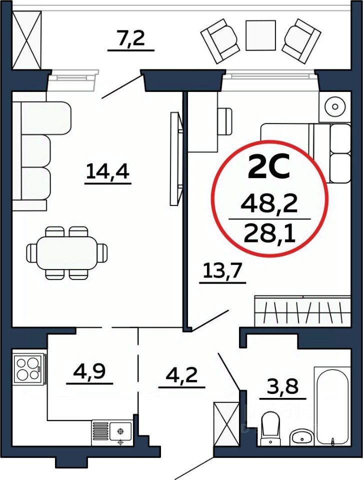Купить 2-комнатную квартиру, 48 м² по адресу Новосибирская область, Обь ...